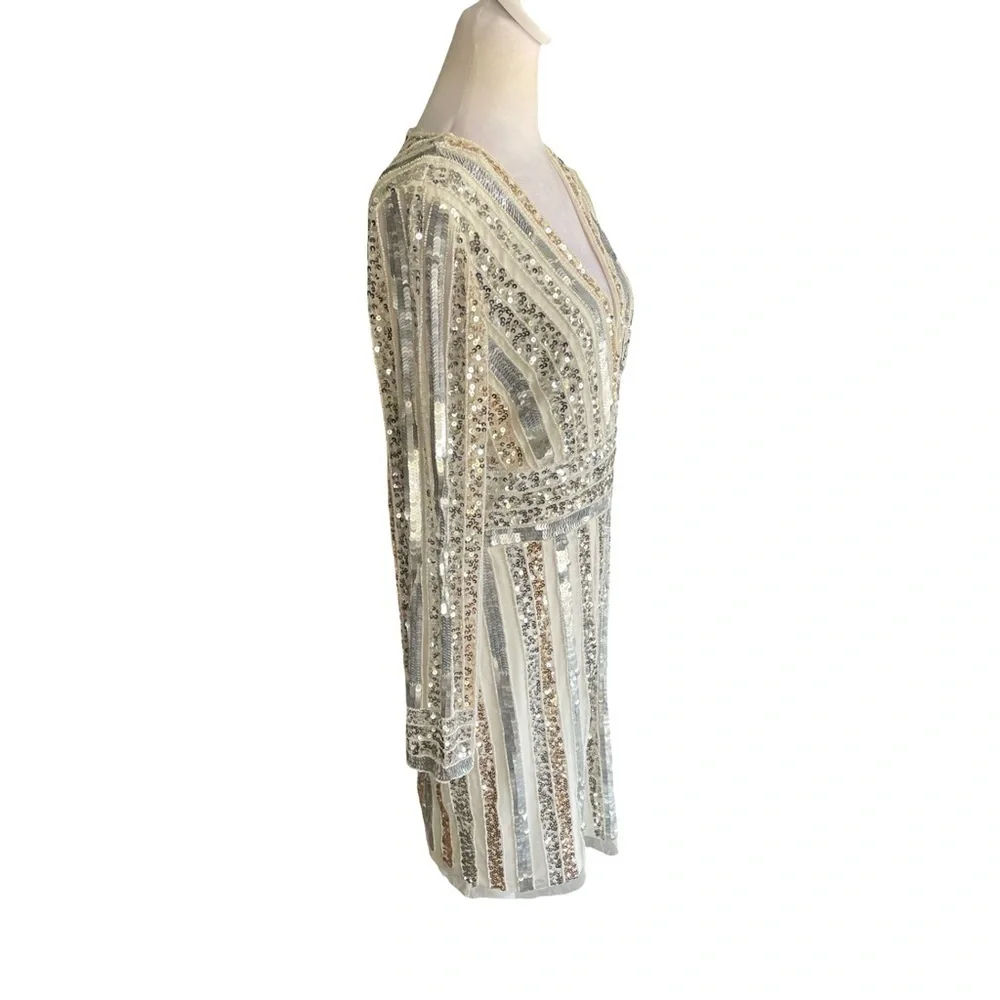 Adrianna Papell Ivory, Silver and Gold Stripe Sequin and Bead Sheath Dress 14